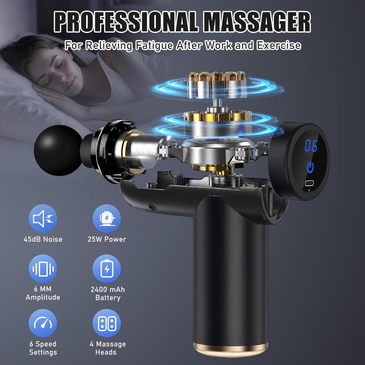 Pistola de Massagem Muscular Profissional Recarregável com 6 Velocidades, 4 Cabeças, Alívio Muscular