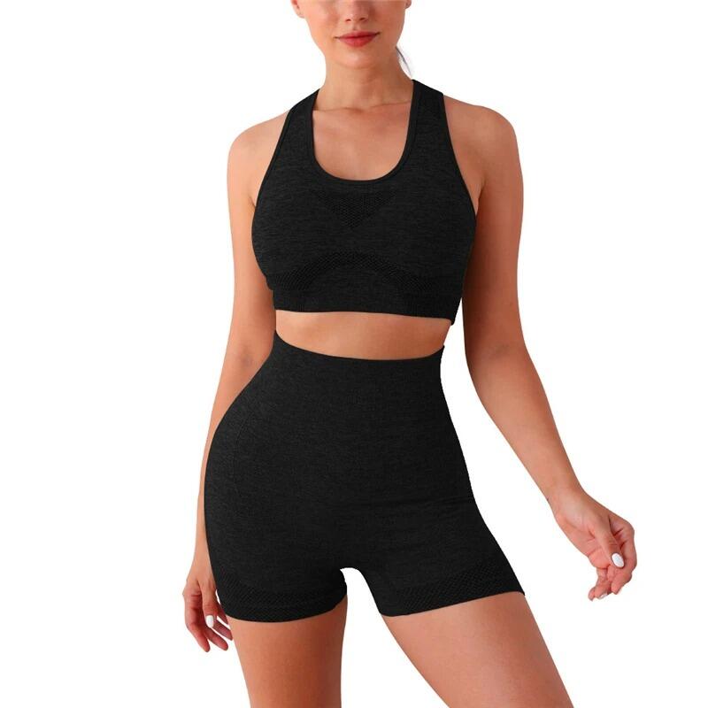 Conjunto desportivo feminino de duas peças com efeito push-up preto