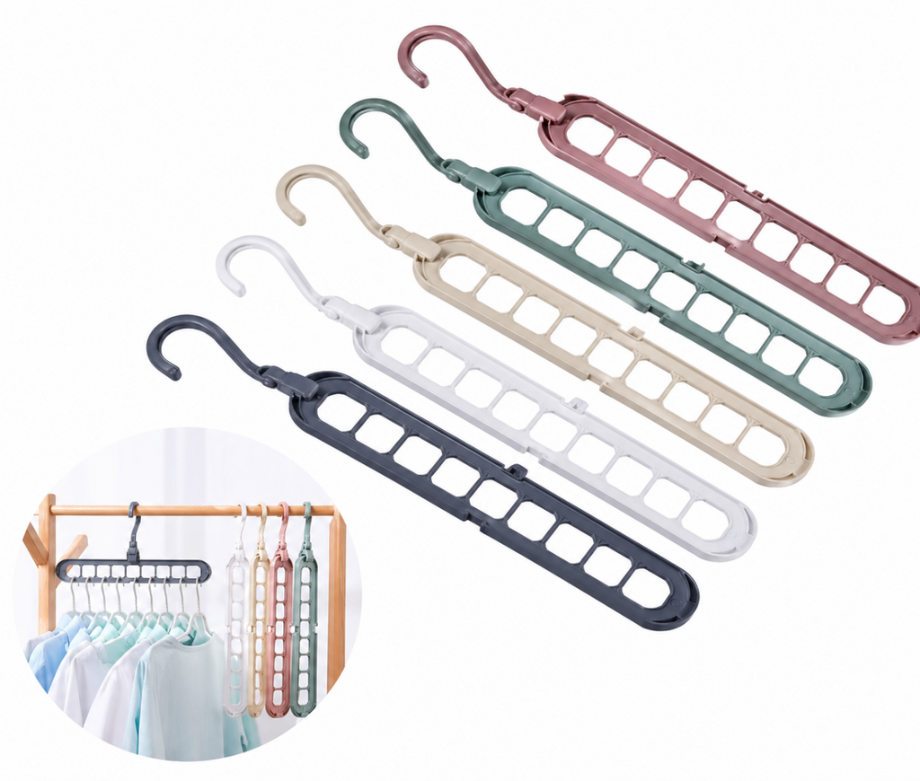 Pack de 5 cabides multifuncionais que economizam espaço.