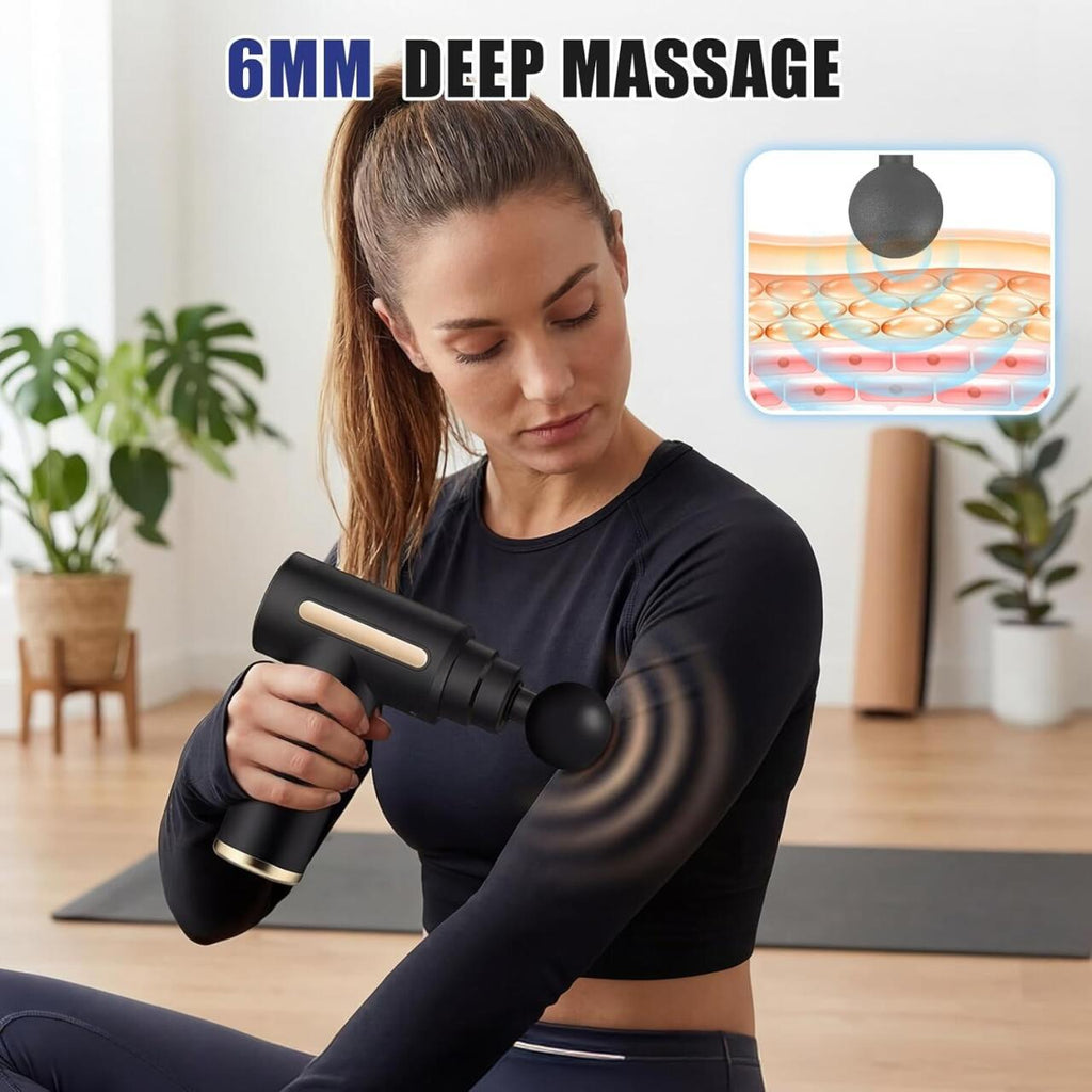 Pistola de Massagem Muscular Profissional Recarregável com 6 Velocidades, 4 Cabeças, Alívio Muscular