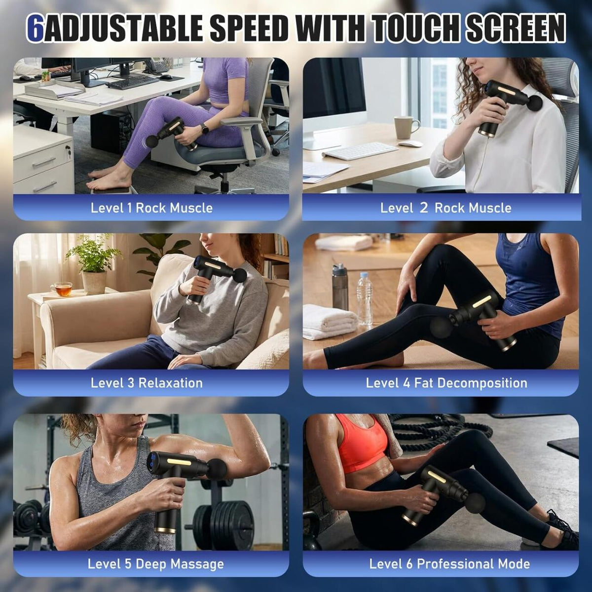 Pistola de Massagem Muscular Profissional Recarregável com 6 Velocidades, 4 Cabeças, Alívio Muscular
