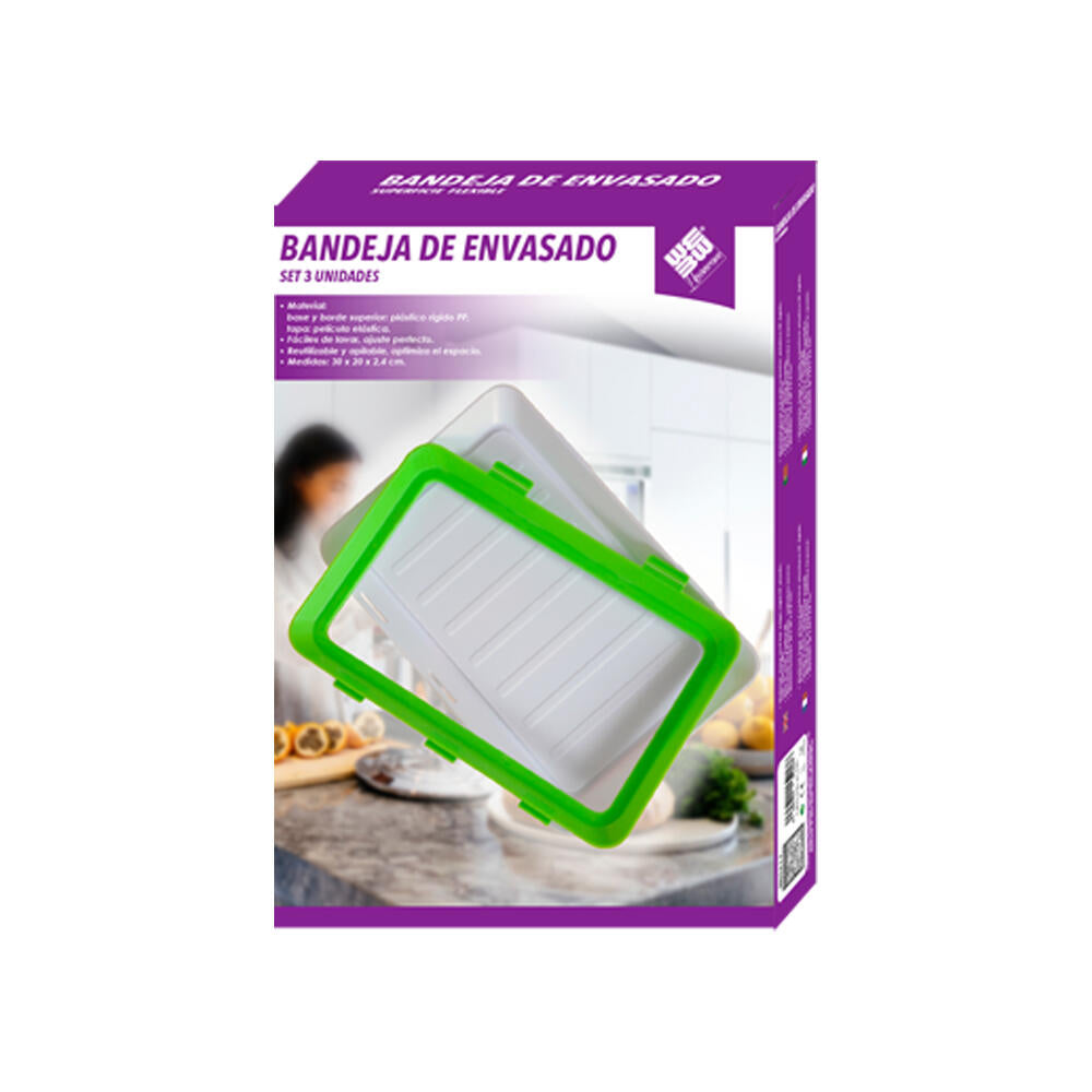 Conjunto de 3 bandejas empilháveis com tampas flexíveis herméticas | Reutilizáveis para manter os alimentos frescos